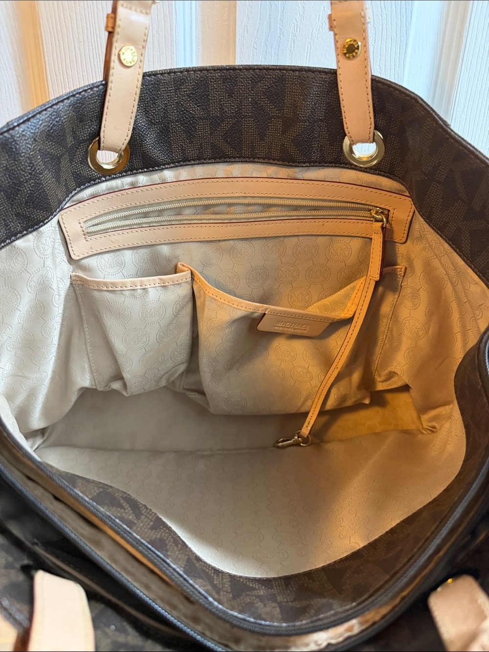 Michael Kors Brown & Beige Logo Tote with Light Trim